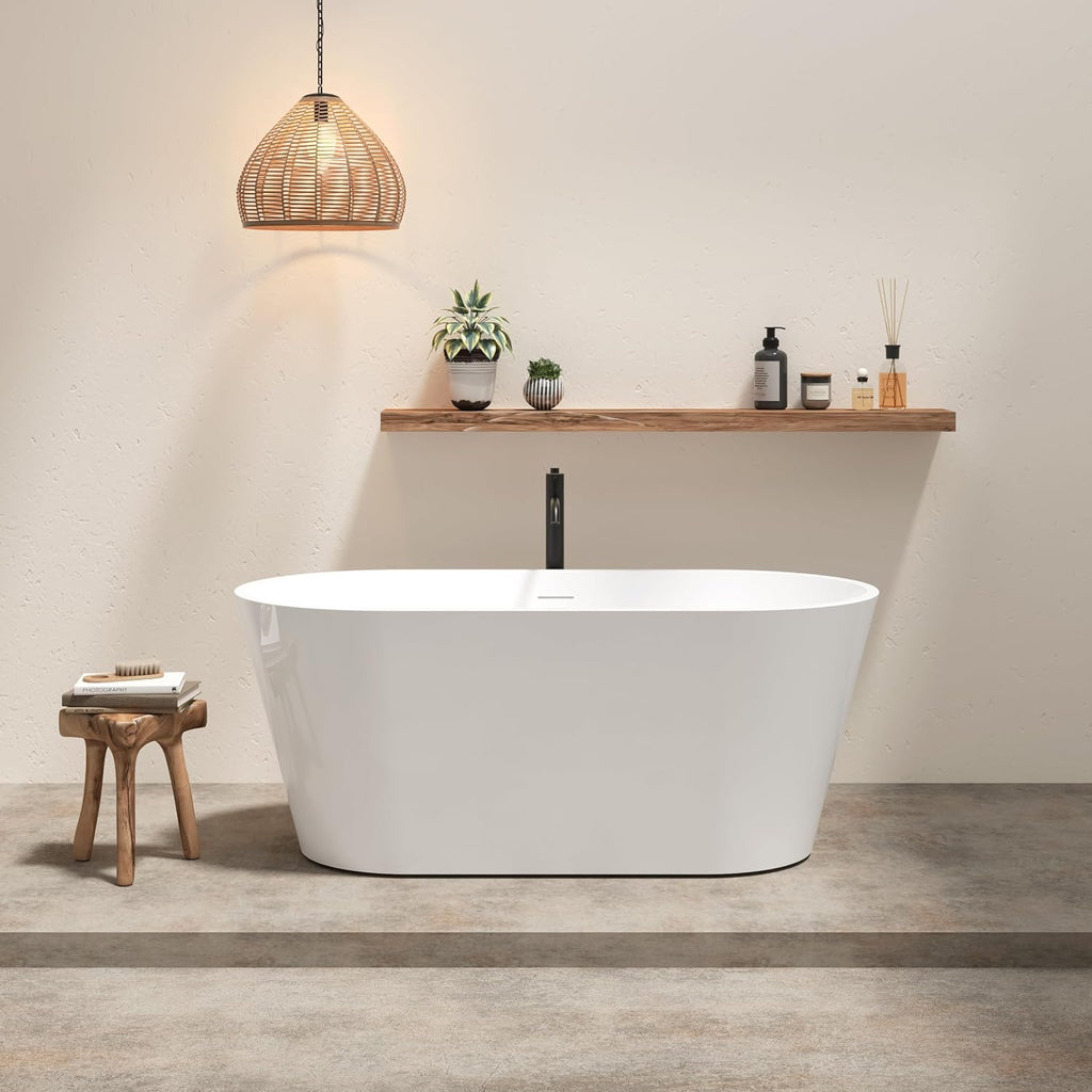 59' Acrylic Freestanding Bathtub, Modern & Contemporary Design Soaking Tub with Brushed Nickel Toe-tap Drain in Chrome and Integrated Slotted Overflow, Glossy White, cUPC Certified, 02136-BN