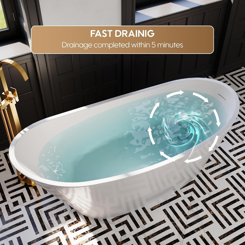 WELLFOR 67' Freestanding Acrylic Bathtub with Drain and Integrated Slotted Overflow, Soaking Bath Tub with Predrilled Overflow Holes, Soaking Bath Tub 58 Gallons Capacity, Glossy White