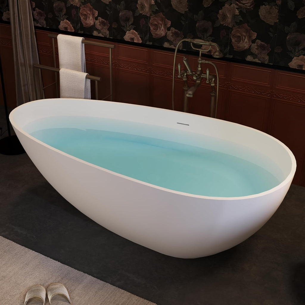 67' Stone Resin Freestanding Bathtub, Egg Shaped Bathroom Freestanding Tubs, Stand Alone Soaking Tubs with Integrated Slotted Overflow and Drain, Matte White