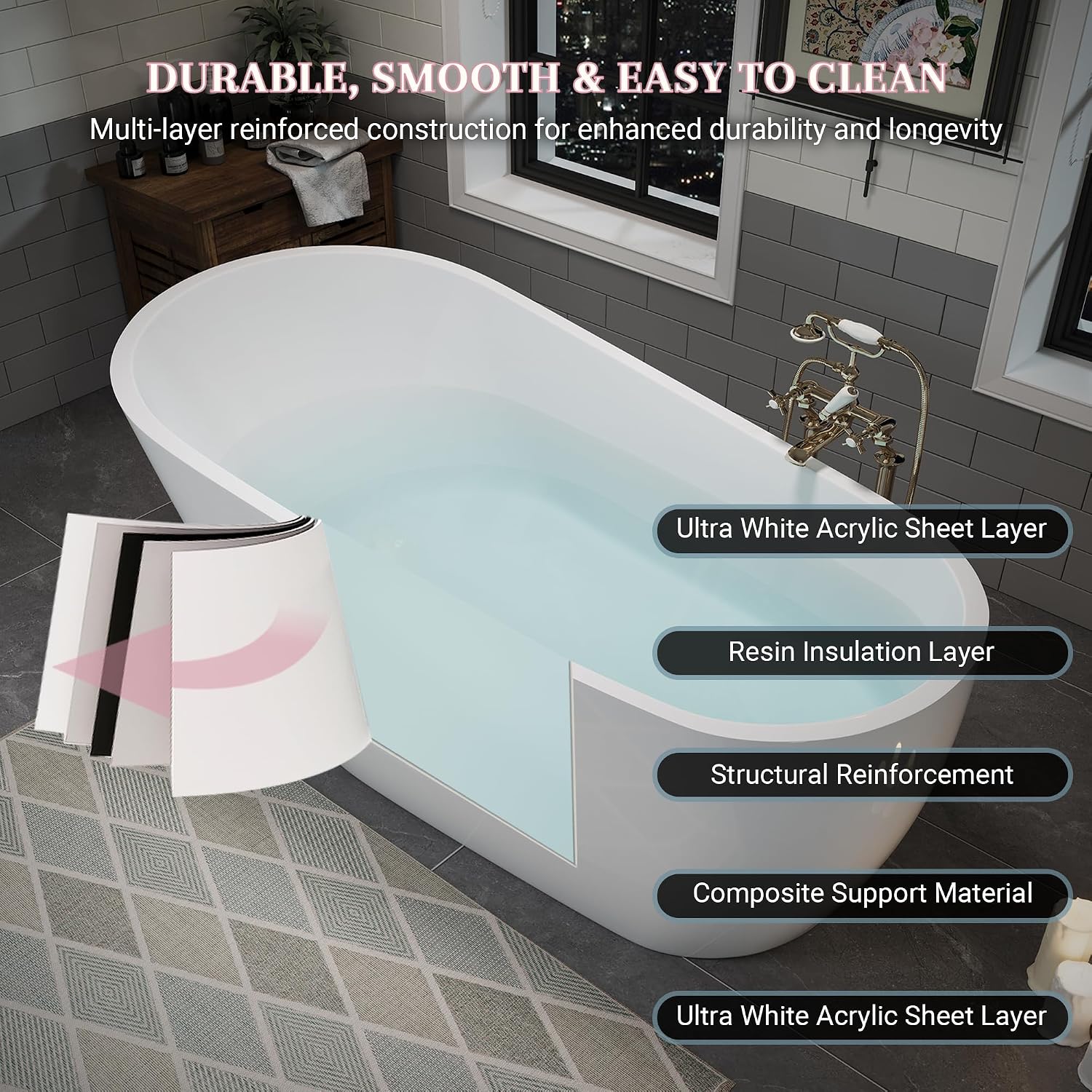 ABRUZZO 55' Acrylic Freestanding Bathtub - Deep Soaking Tub with Pop-Up Drain & Overflow, Glossy White Standalone Bathtub for Modern Bathroom, Fiberglass Reinforced Construction