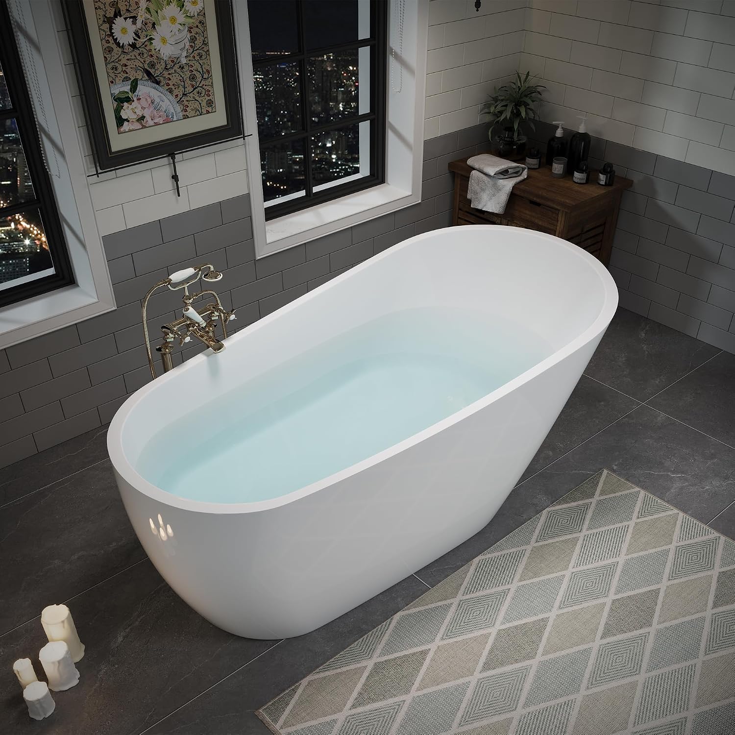 ABRUZZO 63' Acrylic Freestanding Bathtub - Deep Soaking Tub with Pop-Up Drain & Overflow, Glossy White Standalone Bathtub for Modern Bathroom, Fiberglass Reinforced Construction