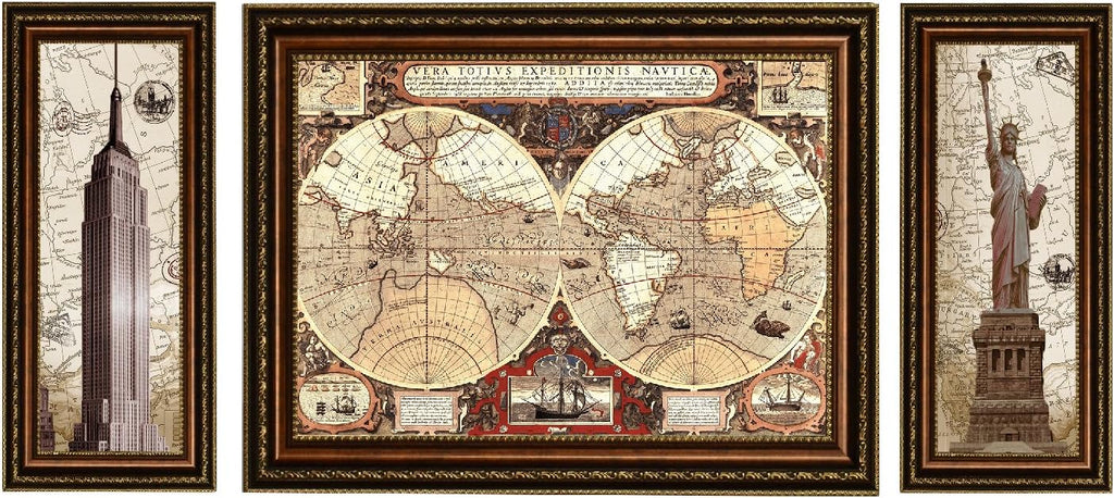 ELITEART- Statue Of Liberty, Empire State Building, Old Vintage World Map Oil Painting Reproduction Giclee Wall Art Canvas Prints-Framed Size：69'x28