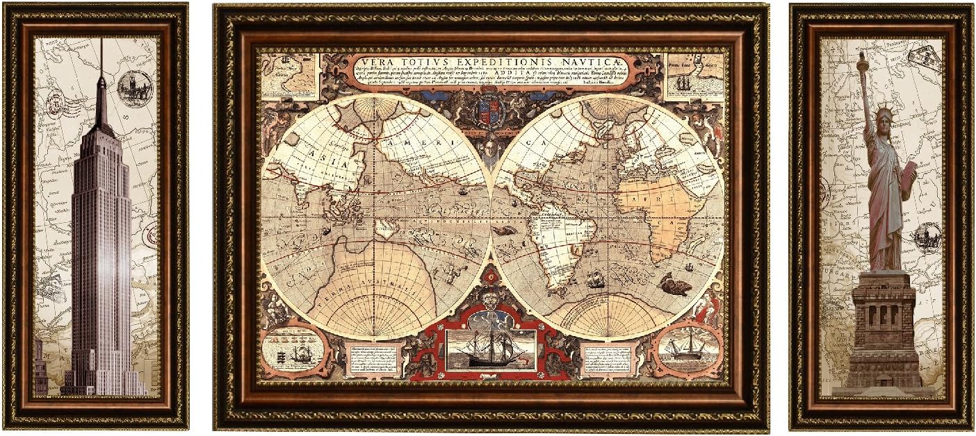 ELITEART- Statue Of Liberty, Empire State Building, Old Vintage World Map Oil Painting Reproduction Giclee Wall Art Canvas Prints-Framed Size：69'x28