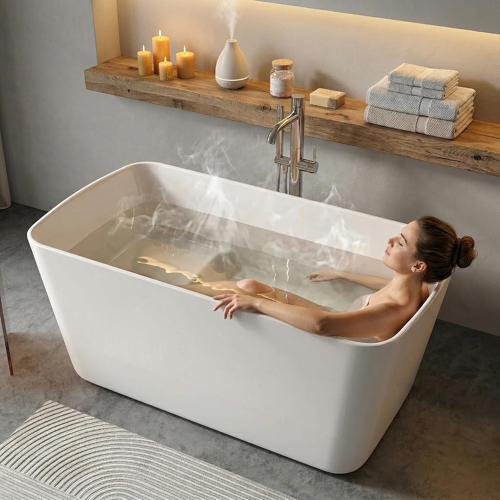 GarveeLife 55 InchFreestanding Acrylic Bathtub, Deep Soaking Tub with Non-Slip Base & Chrome Drain, Space-Saving Bathtub, Easy Install, CUPC CertifiedModern Tub for Bathrooms