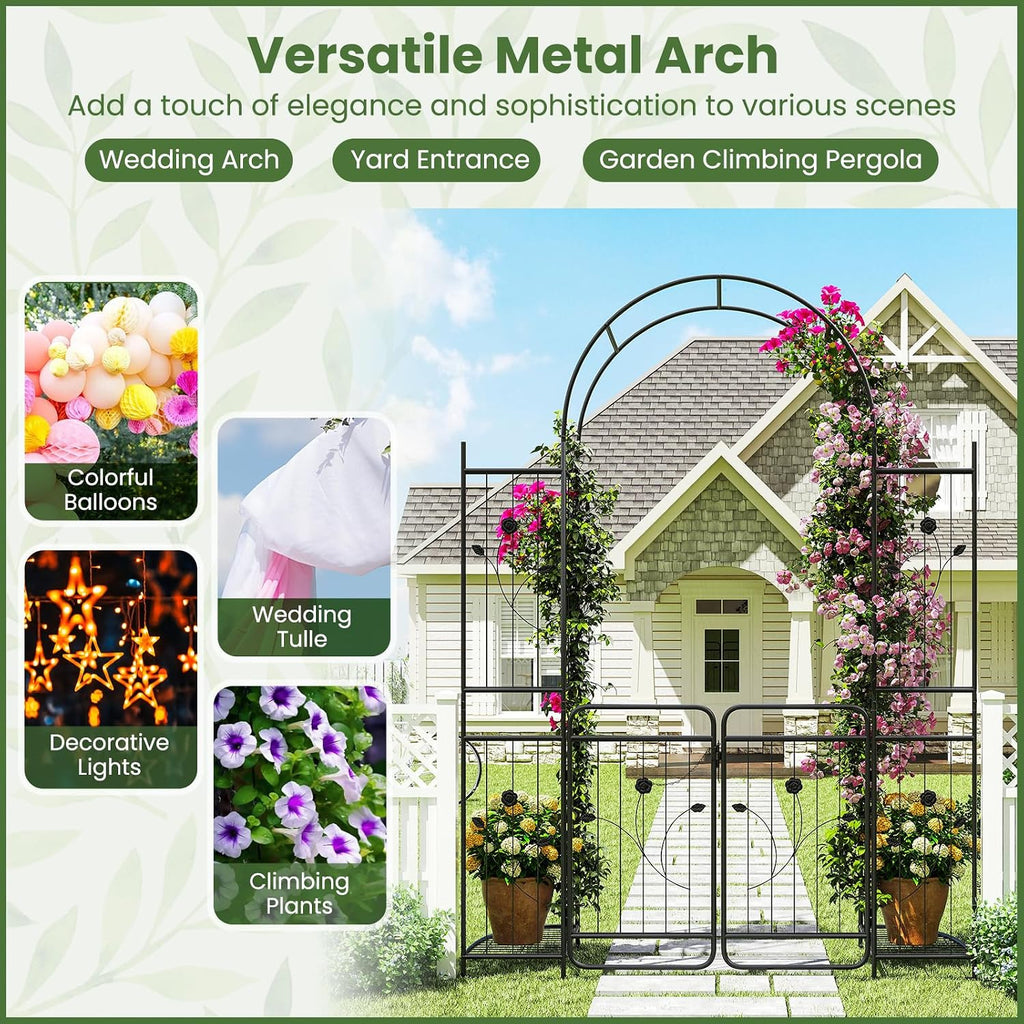 HAPPYGRILL 87' Garden Arbor with Gate, Garden Arch with Planter Shelves, Climbing Trellises, Metal Arbor Archway for Outdoor Climbing Plant Vine, Wedding Arch for Ceremony Backyard Patio Party Decor