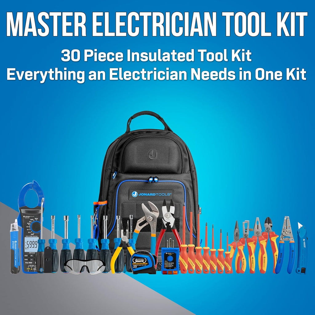 Jonard Tools TK-591 30-Piece Master Electrician Insulated Tool Kit with 1000A Clamp Meter, Insulated Screwdrivers and Pliers, Nut Drivers, Wire Stripper, Jobsite Tools, and 48 Pocket Backpack