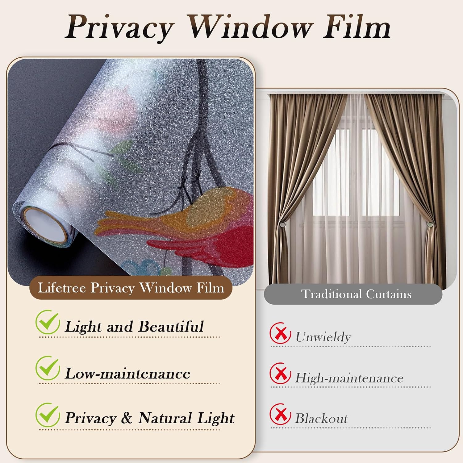 Coavas Stained Glass Window Film, Decorative Frosted Glass Window Privacy Film, Static Cling Non-Adhesive Windows Sticker for Front Door Bathroom Heat Control Anti UV, 45.2 x 157 Inches