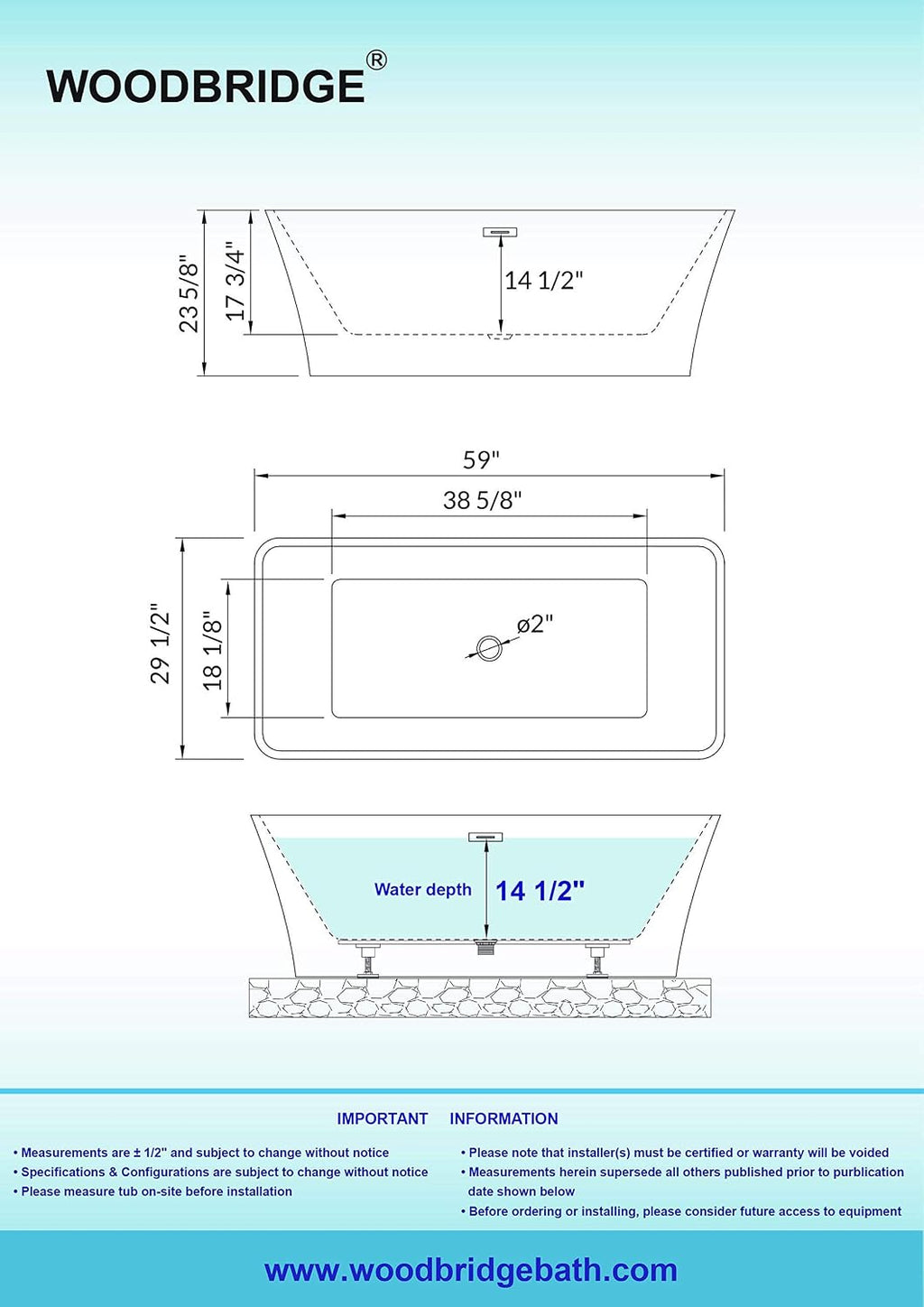 WOODBRIDGE 59'Freestanding White Acylic Soaking Bathtub with White Pillow,Drain and Overflow inBrushed Nickel,BTA1509 -B/N-Drain &O + Pillow
