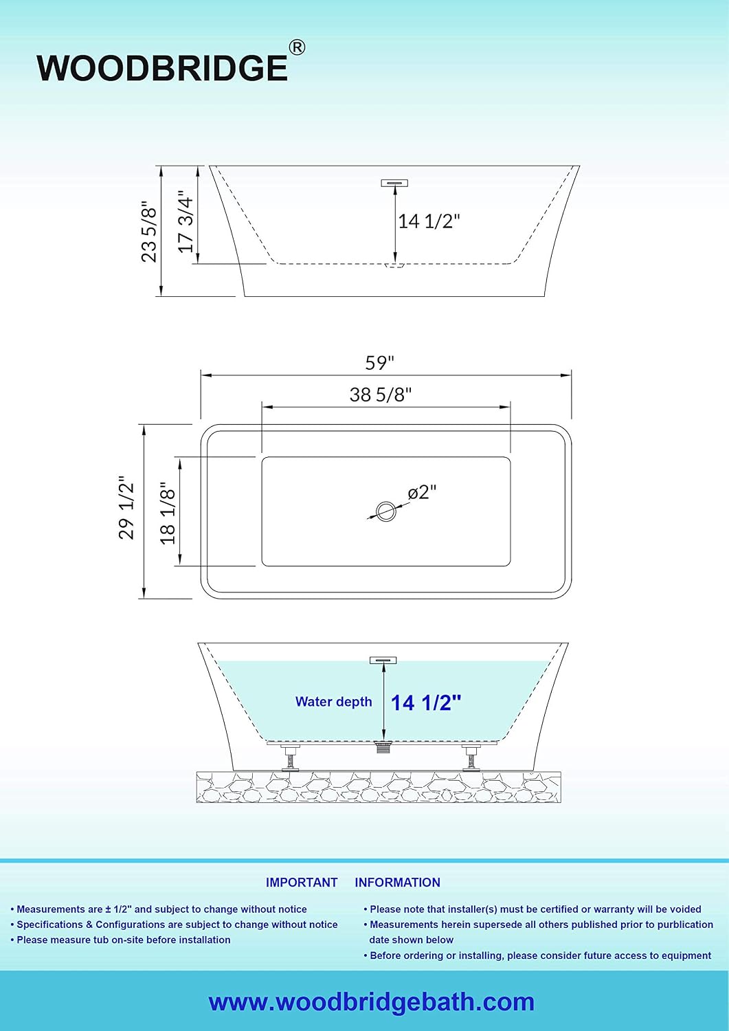 WOODBRIDGE 59'Freestanding White Acylic Soaking Bathtub with Brushed Nickel Drain and Overflow,BTA1509 -B/N-Drain &O