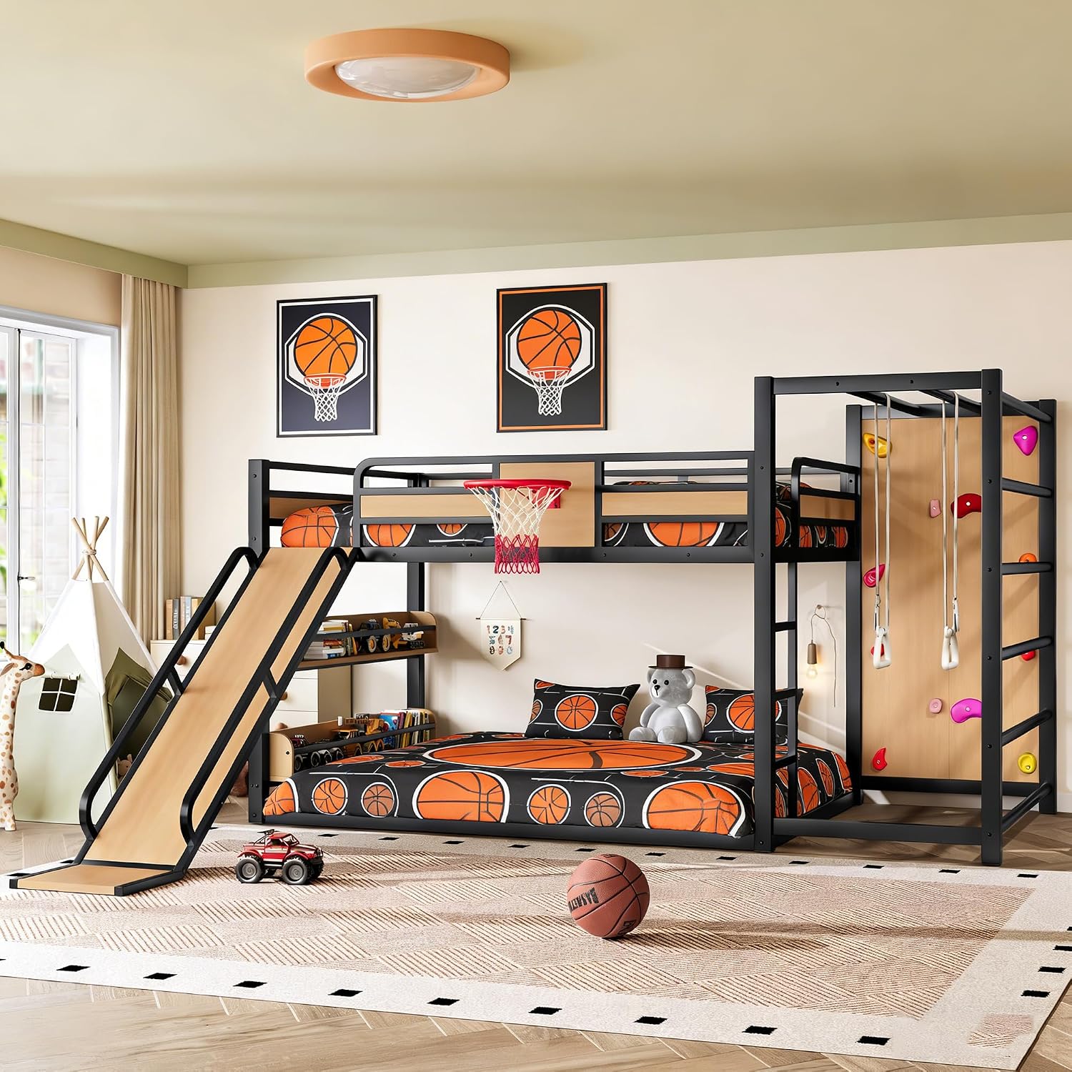 Bellemave Metal Full Over Full Bunk Bed Frame with Slide,Full Size Floor Bunk Bed and Basketball Hoop,Pull-up Rings and Climbing Wall,Heavy Duty Bunk Beds with Bookshelves for Kids Girls Boys,Natural