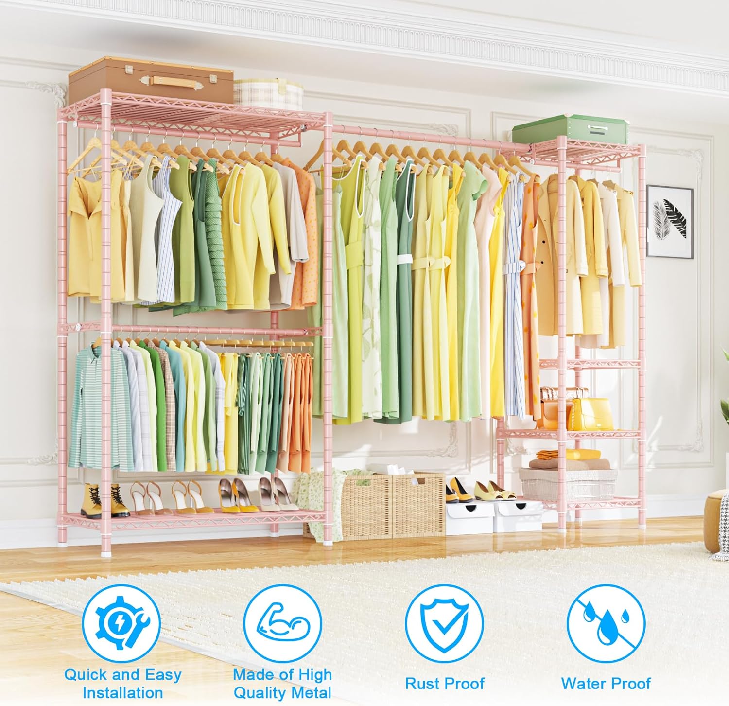 Ulif E10 (With Stretchable Hanger Rod) and E12C (With Black Dustproof Cover) Heavy Duty Closet Organizer System, Freestanding Clothing Rack for Hanging Clothes, Adjustable Garment Rack