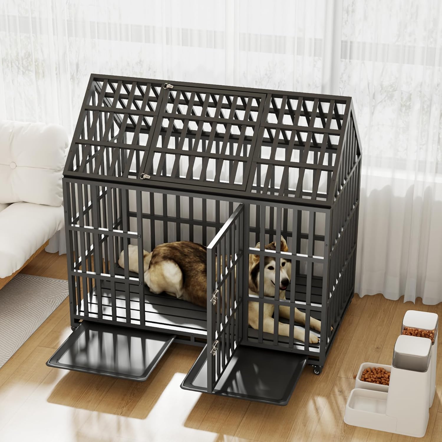Extra Large Dog Crate Cage, 55'' Heavy Duty Galvanized Iron Dogs Cage Kennels Crates Furniture with Front Door, Top Door and 4 Lockable Wheels for Patio, Home, Backyard