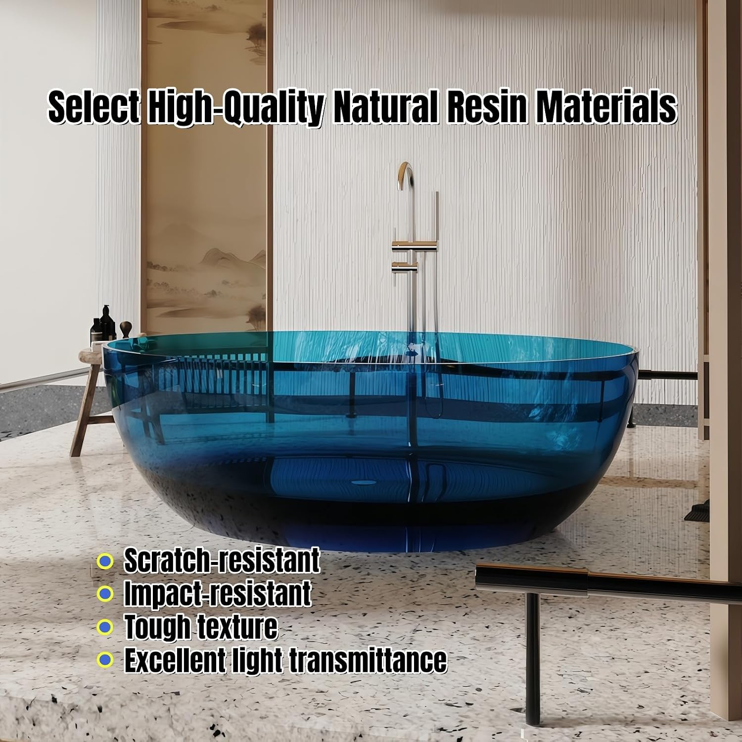 67' Edeyeu Round Freestanding Bathtub - Luxury Natural Resin Soaking Tub, Heat-Retaining Solid Surface Bathtub, Modern Free Standing Style For High-End Spa Bathrooms Black