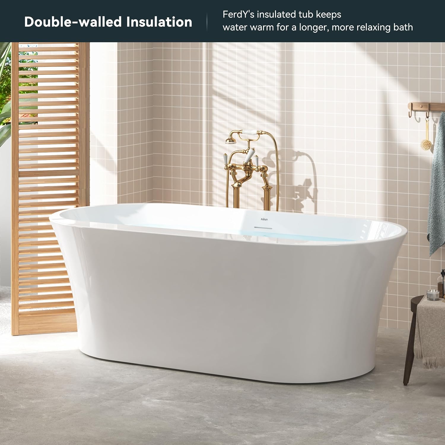 FerdY Mauritius 67' Acrylic Freestanding Tub, Oval Contemporary Soaker Bath, Extra Deep Bathtub,Gloss White Drainage& Bath Pillow for Bathtub,Thick Tub Pillows, Ergonomic Support