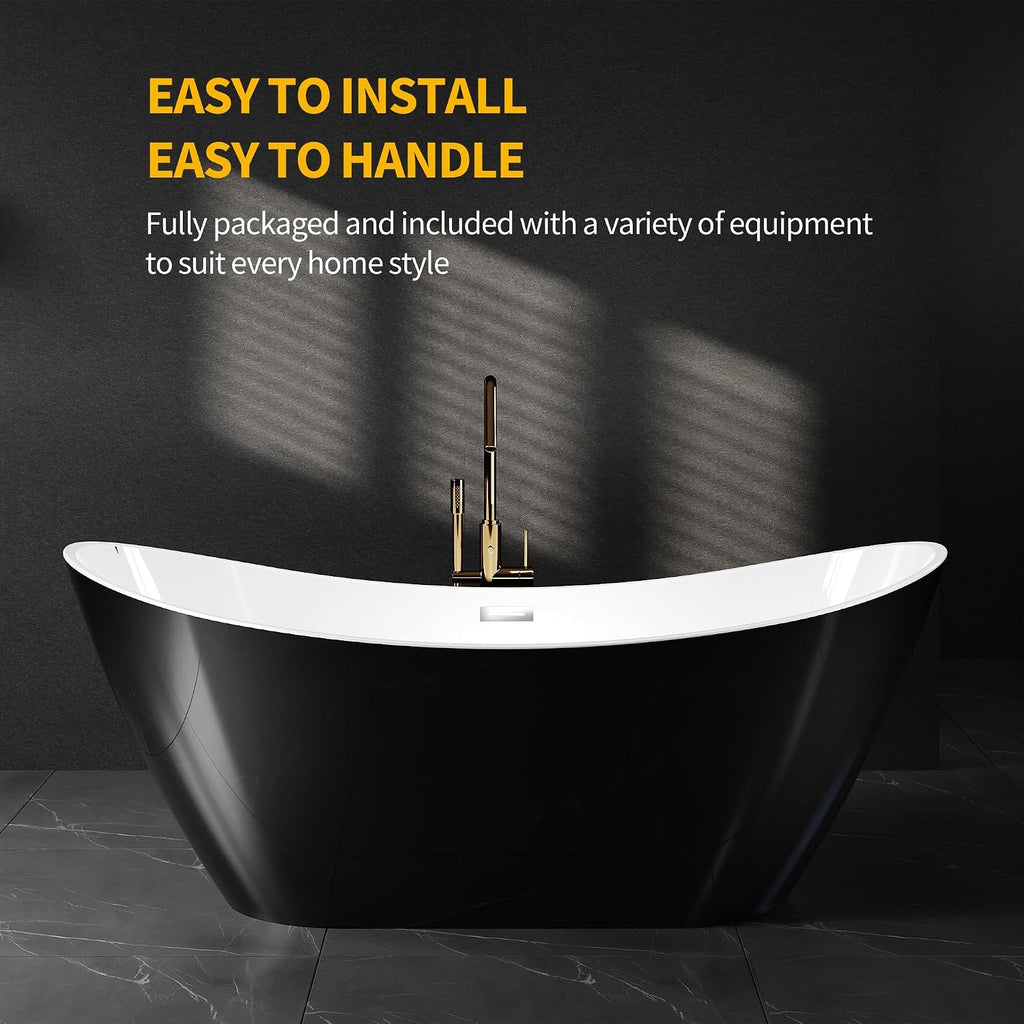 67' Freestanding Acrylic Bathtub, Deep Soaking Tub with Non-Slip Base & Chrome Drain, cUPC Certified, Easy Install, Space-Saving Bathtub, Modern Tub for Bathrooms, Black Ingot
