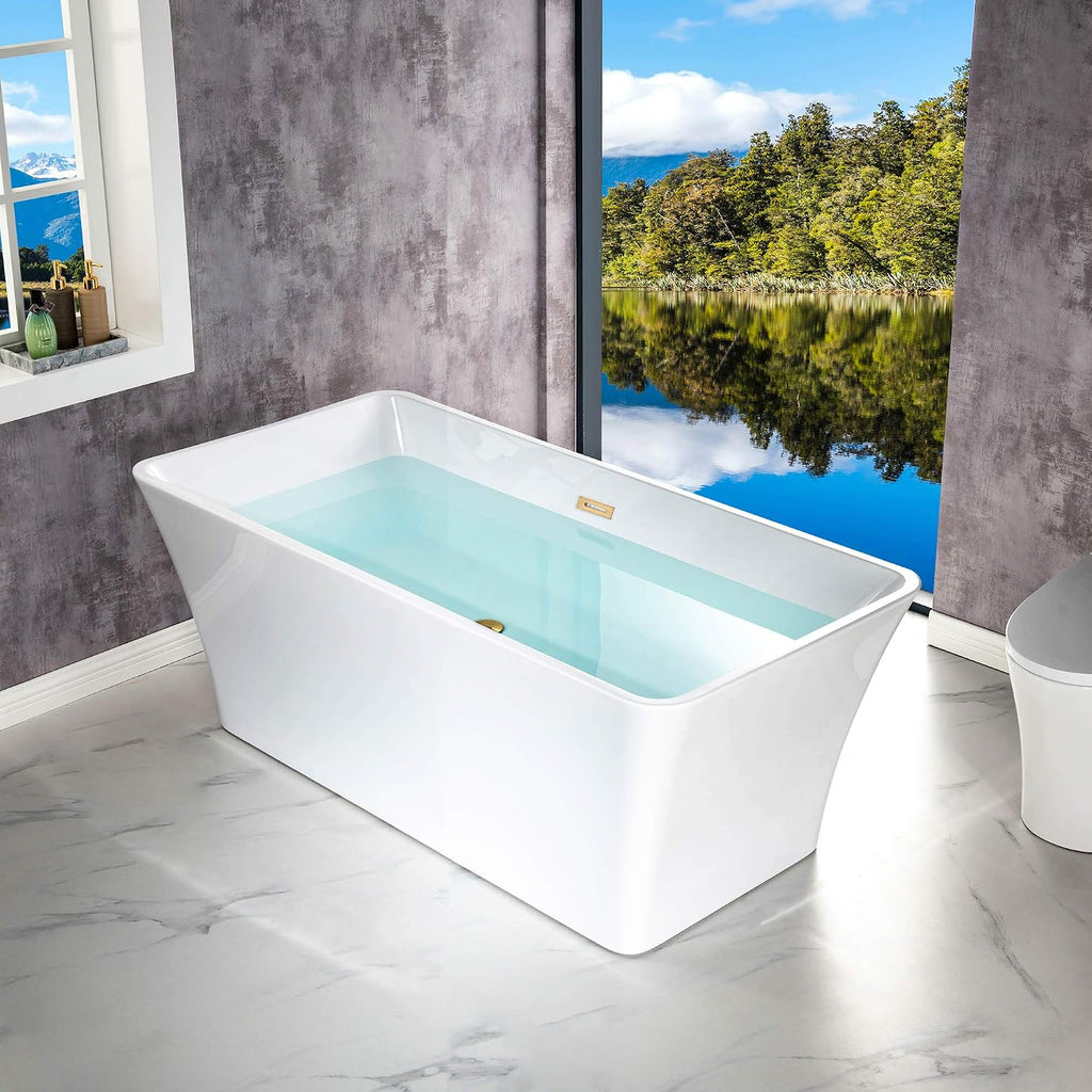 WOODBRIDGE 59'Freestanding White Acylic Soaking Bathtub with White Pillow,Drain and Overflow inBrushed Gold,BTA1509 -BG-Drain &O+ Pillow