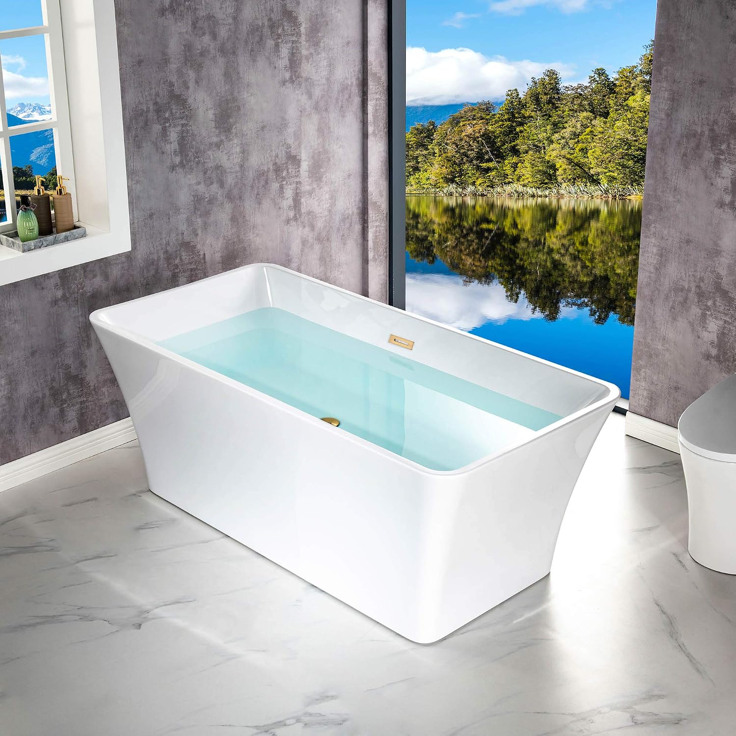 WOODBRIDGE 59'Freestanding White Acylic Soaking Bathtub with White Pillow,Drain and Overflow inBrushed Gold,BTA1509 -BG-Drain &O+ Pillow