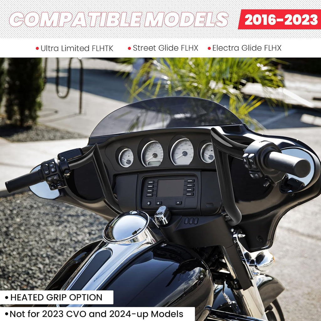 12' pre-wired meathook bar Ape Hanger Handlebar 1 ¼' Compatible With Harley Davidson Bagger Electra Glide Street Glide Ultra Limited 2016-2023, Miter Cut Heated Option Handlebar, Gloss Black