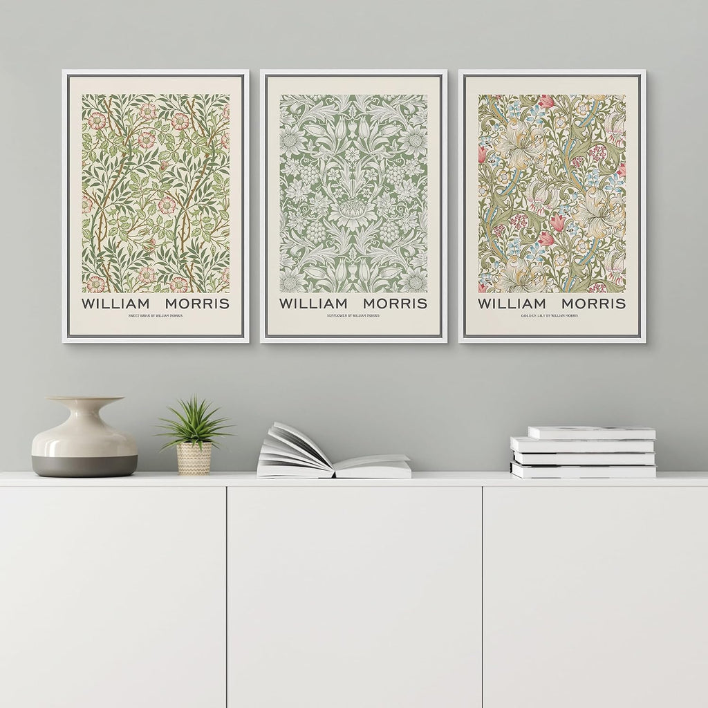 wall26 Framed Canvas Print Wall Art Set William Morris Flower Pattern Tapestries Nature Floral Illustrations Fine Art Decorative Botanical Rustic for Living Room, Bedroom, Office - 16'x24'x3 White