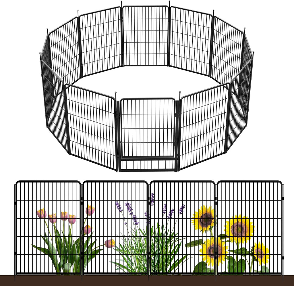 SunsGrove Tall Garden Fence with Gate, 40 in(H) x 26.8 ft(L) 12 Panels Heavy Duty Metal Animal Barrier Fence for Yard, Suitable for Indoor or Outdoor Dog Pet Fence, Garden Fence Border, Black