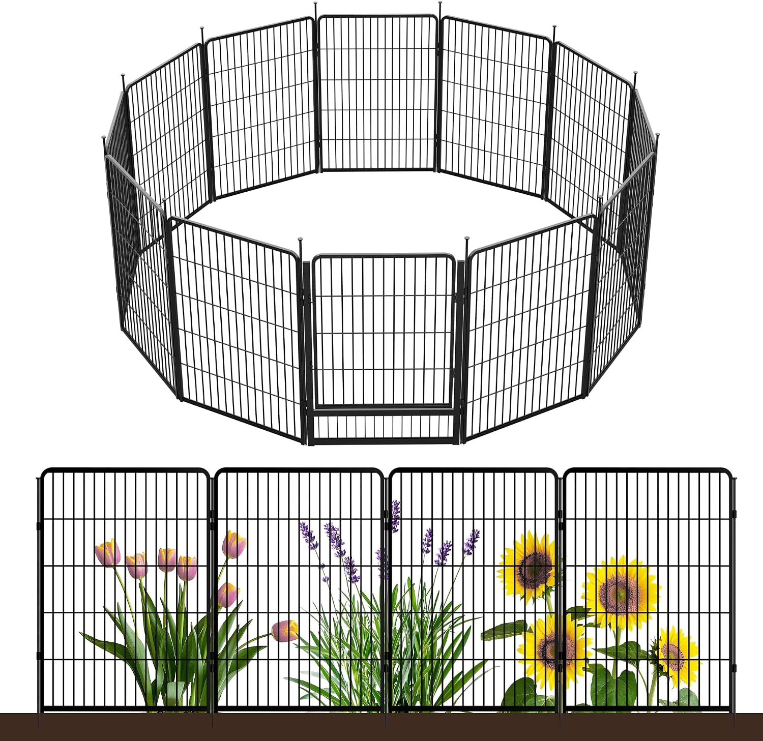 SunsGrove Tall Garden Fence with Gate, 40 in(H) x 26.8 ft(L) 12 Panels Heavy Duty Metal Animal Barrier Fence for Yard, Suitable for Indoor or Outdoor Dog Pet Fence, Garden Fence Border, Black