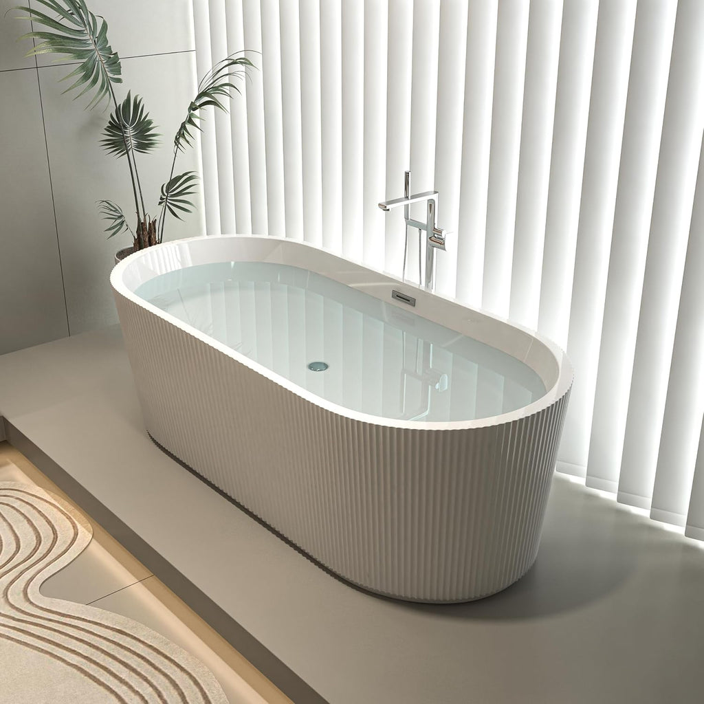 59' Acrylic Freestanding Bathtub-Acrylic Soaking Tubs, Fluted Style-Gloss White Freestanding Bathtub with Chrome Overflow and Pop Up Drain