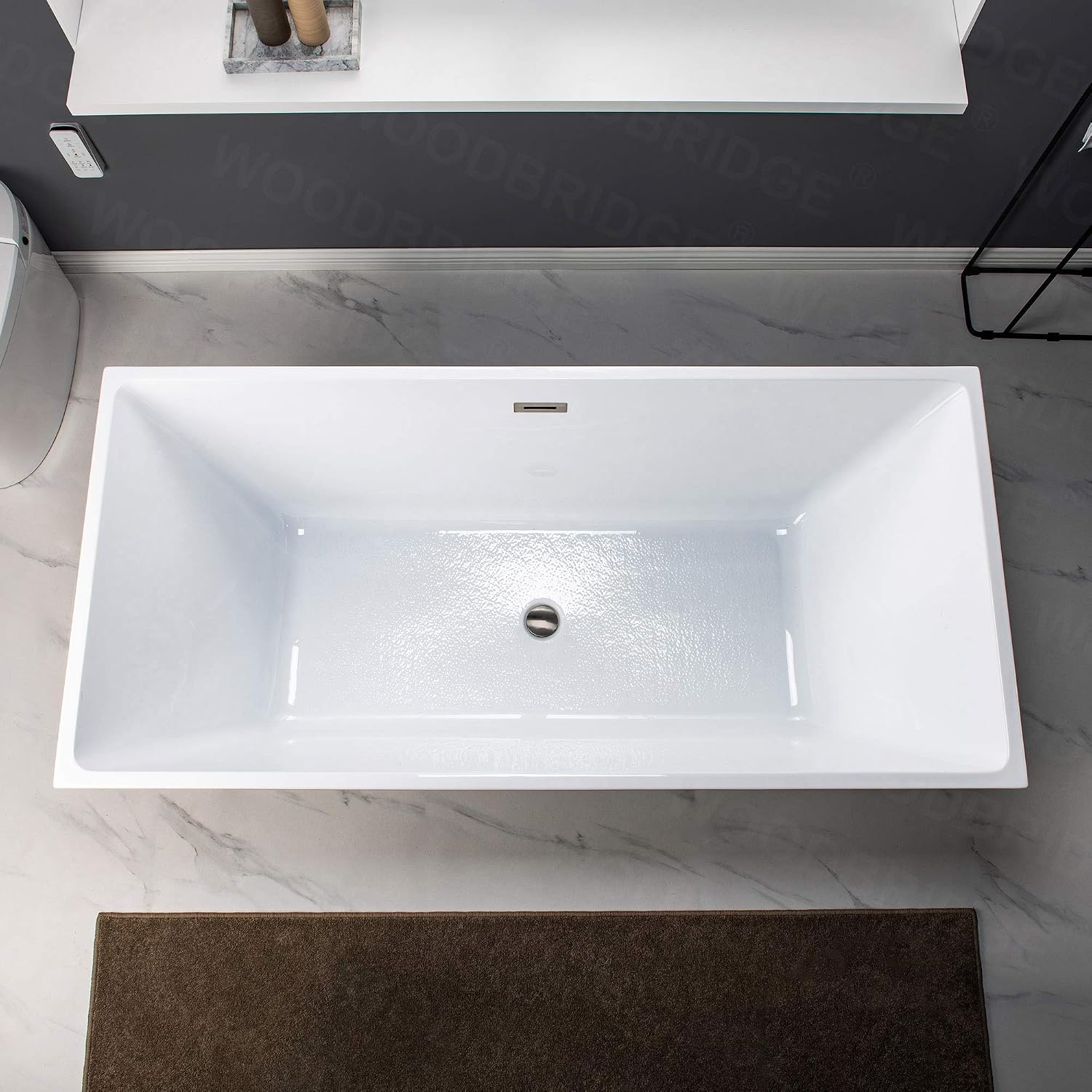 WOODBRIDGE 67' Acrylic Freestanding Bathtub Contemporary Soaking White Tub with Brushed Nickel Overflow and Drain，BTA1512-B/N-Drain&O