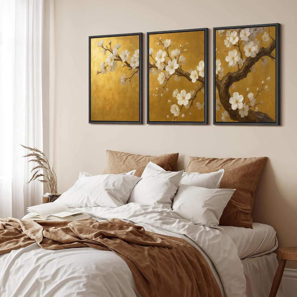 wall26 Framed Canvas Print Wall Art Set Golden Cherry Blossom Tree Elegant Floral Illustrations Fine Art Decorative Rustic for Living Room, Bedroom, Office - 16'x24'x3 Black
