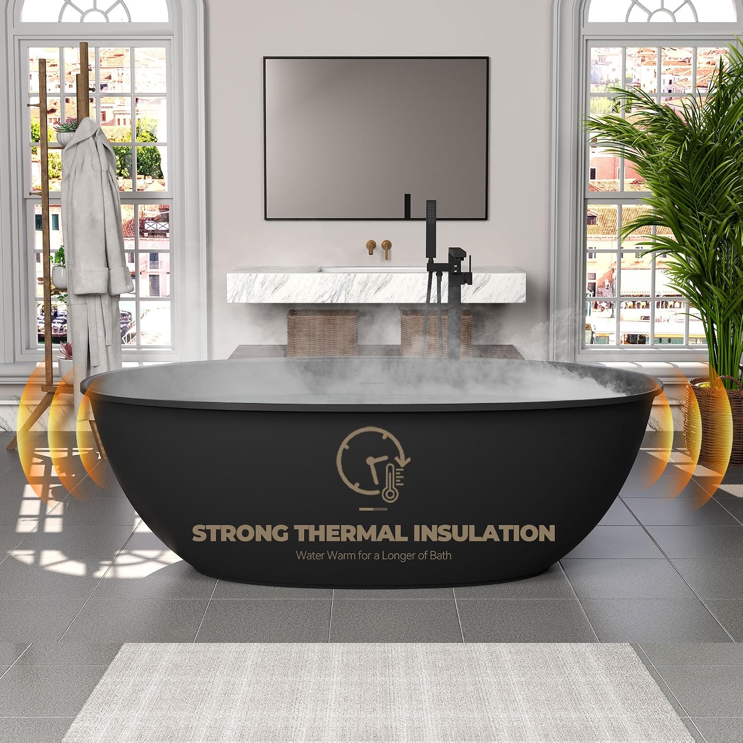 CASAINC 67' Large Space Free Standing Tub, Stone Resin Freestanding Bathtub Matte Black Solid Surface Soaking Tub with Drain, Drain Hose & Sanding Paper
