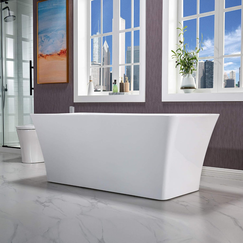WOODBRIDGE 59'Freestanding White Acylic Soaking Bathtub with White Pillow,Drain and Overflow inBrushed Nickel,BTA1509 -B/N-Drain &O + Pillow