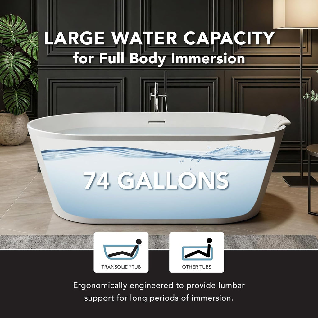 Transolid Maris 59 in. Freestanding Deep Soaking Bathtub | 31 in. Wide Acrylic Flatbottom | Center Drain | Bath Pillow Included | 23 in. Confirmed Soak Depth | Matte White | K-AFTM5931-M31