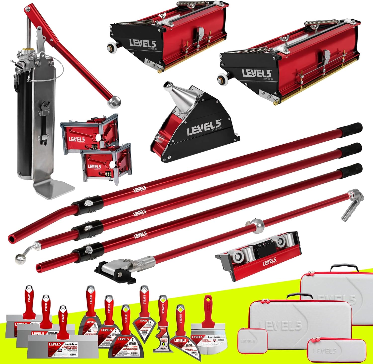 Drywall Finishing Set - LEVEL5 | Pro-Grade | 10/12' Flat Boxes, Corner Roller, 3'/3.5' Corner Finishers, 7' Corner Applicator, Handles, Compound Pump + Filler | Sheetrock Gyprock Wallboard | 4-622