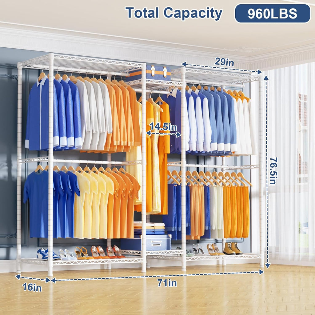 Ulif E12 E12C (With White Dustproof Cover) Heavy Duty Closet Organizer System，Freestanding Clothing Racks for Hanging Clothes，Adjustable Garment Rack