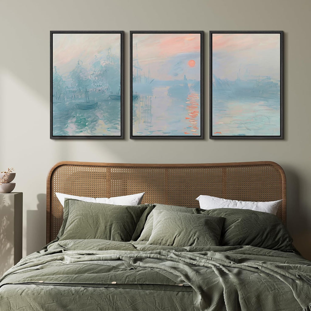 wall26 Framed Canvas Print Wall Art Set Impression, Sunrise Claude Monet Inspired Seascape Illustrations Modern Art Decorative Floral Botanical Minimal for Bedroom - 24'x36'x3 Black