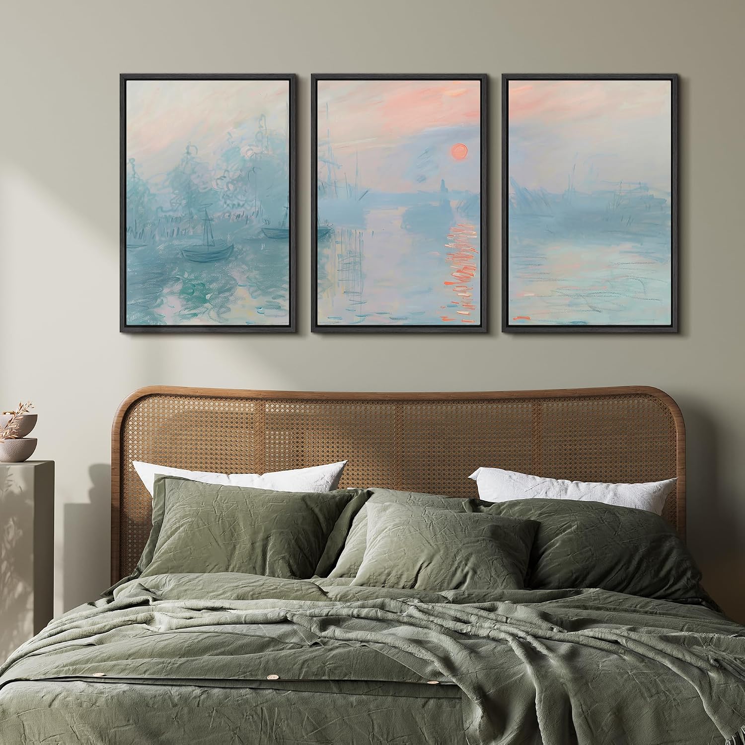 wall26 Framed Canvas Print Wall Art Set Impression, Sunrise Claude Monet Inspired Seascape Illustrations Modern Art Decorative Floral Botanical Minimal for Bedroom - 24'x36'x3 Black
