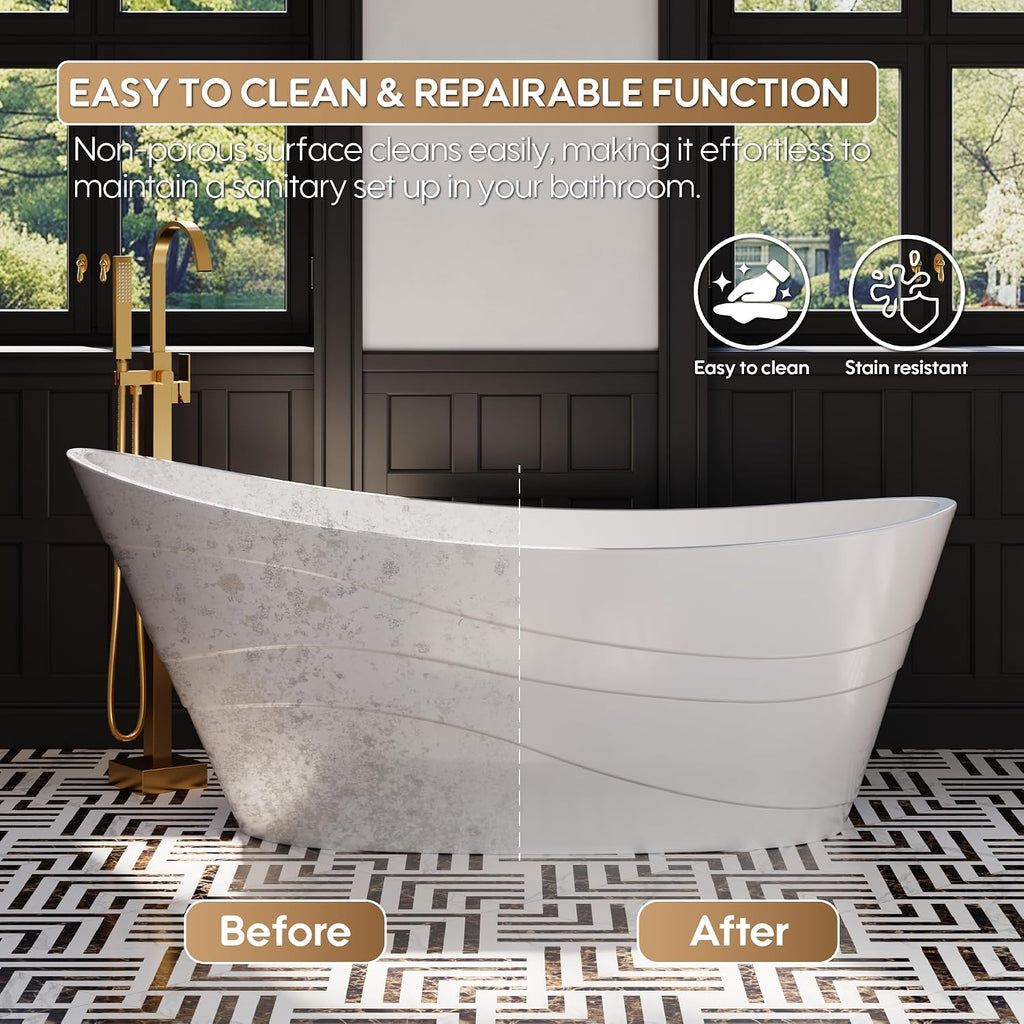 WELLFOR 67' Freestanding Acrylic Bathtub with Drain and Integrated Slotted Overflow, Soaking Bath Tub with Predrilled Overflow Holes, Soaking Bath Tub 58 Gallons Capacity, Glossy White
