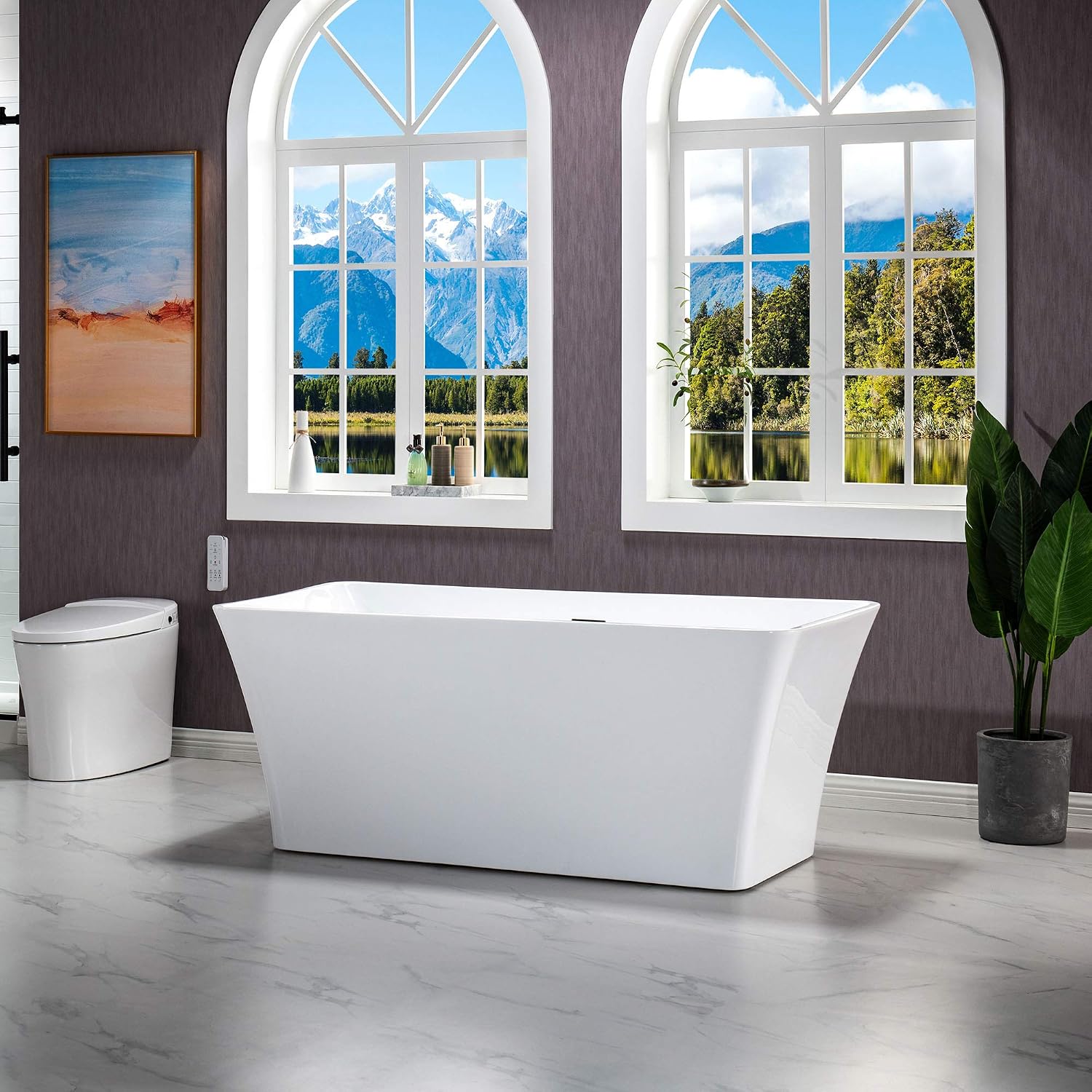 WOODBRIDGE 59'Freestanding White Acylic Soaking Bathtub with White Pillow,Drain and Overflow inORB,BTA1509 -ORB-Drain &O+ Pillow