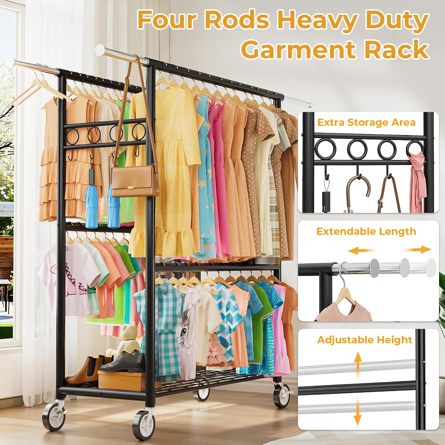 Heavy Duty Clothes Rack Load 1060LBS, Four Rods Rolling Clothing Racks for Hanging Clothes, Rolling Garment Rack With Sturdy Wheels Shelves Hooks, Portable & Adjustable Commercial Garment Rack, Black