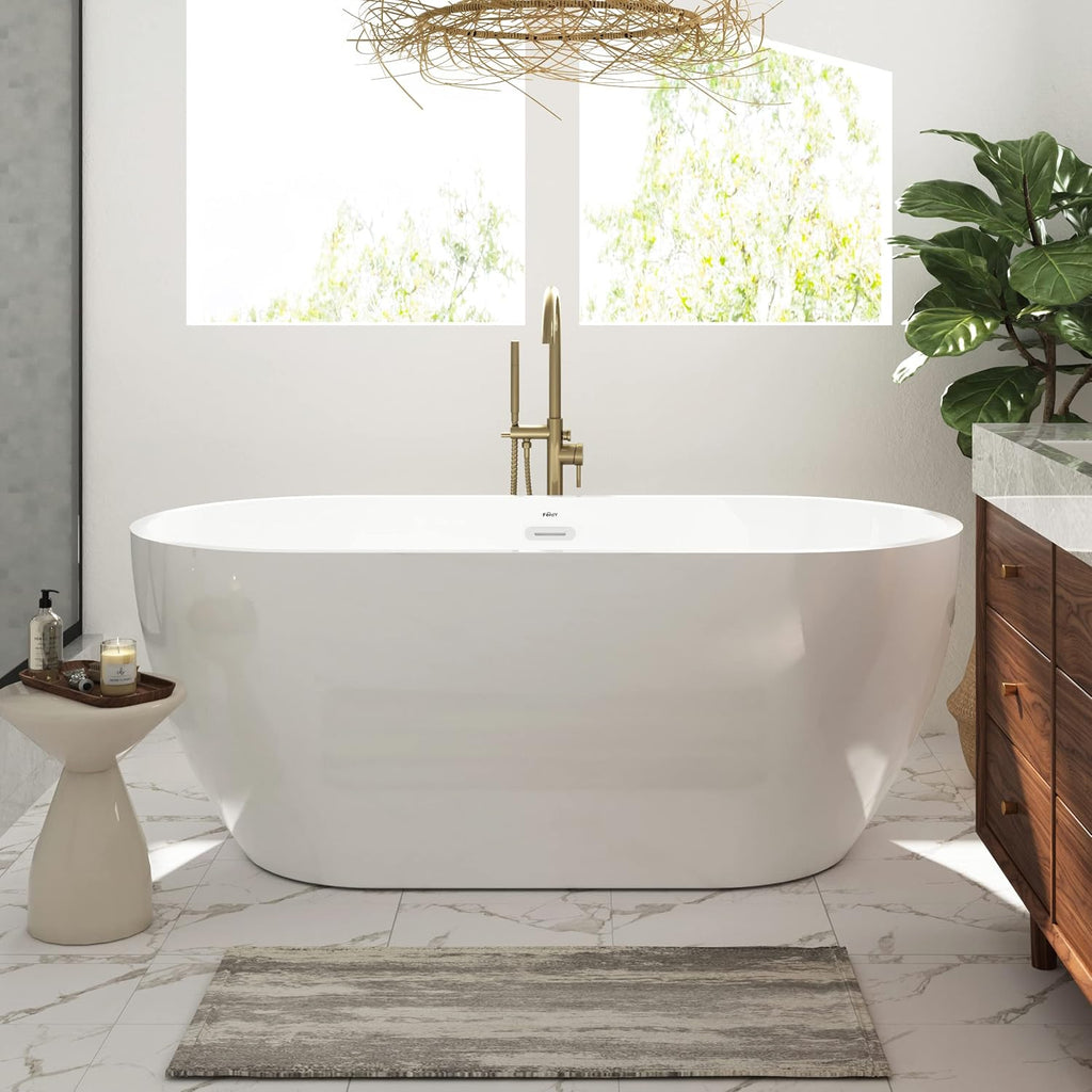 FerdY Nauru 59' Freestanding Bathtub,Gracefully Shaped Freestanding Soaking tub, Glossy White, cUPC Certified, Chrome Drain & Classic Slooted Overflow Assembly Included