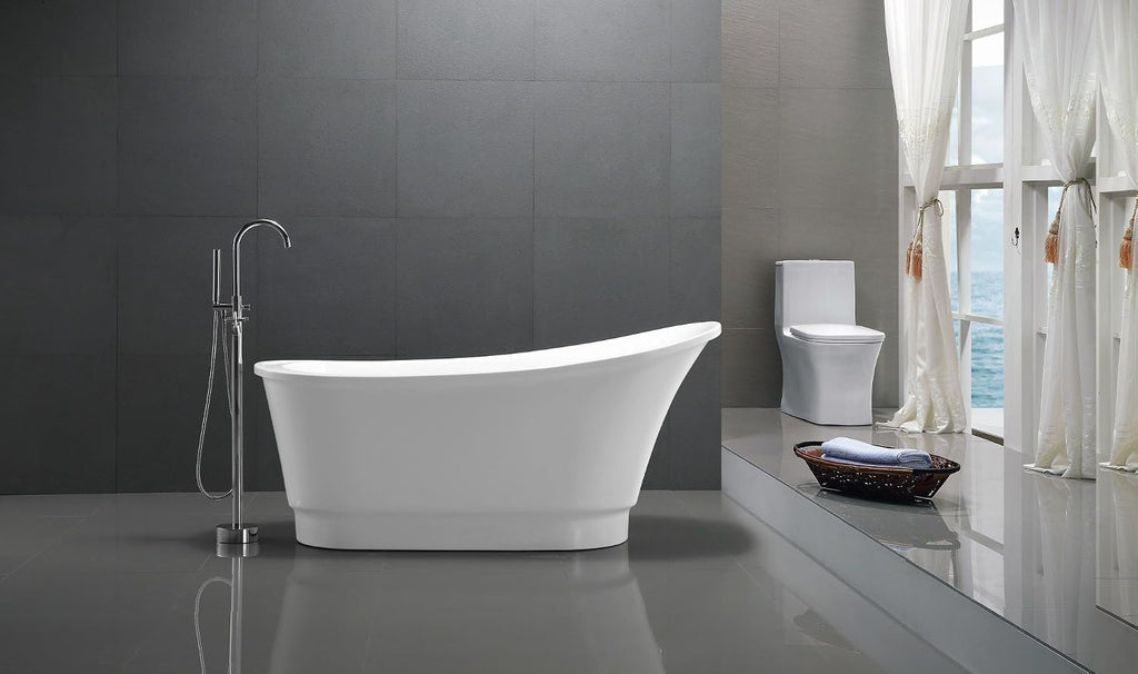 ANZZI Freestanding Bathtub Acrylic 67 In Flat Bottom Glossy White Prima Series One Piece Soaking Tub Modern Oval Design Center Drain Solid Surface Reinforced Construction Sleek Style | FT-AZ095