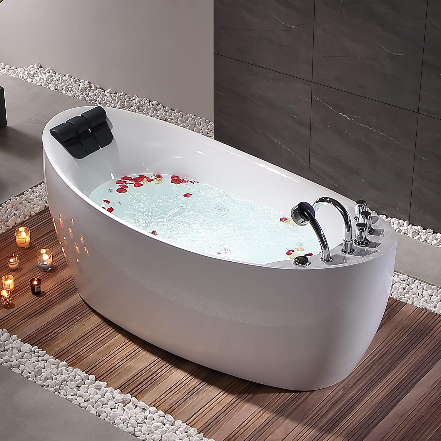 Empava 67 in. Acrylic Freestanding Tub Hydromassage Gracefully Oval Shaped Whirlpool 7 Water Jets Soaking SPA, Single-Ended Massage Bathtub with Pillow , White