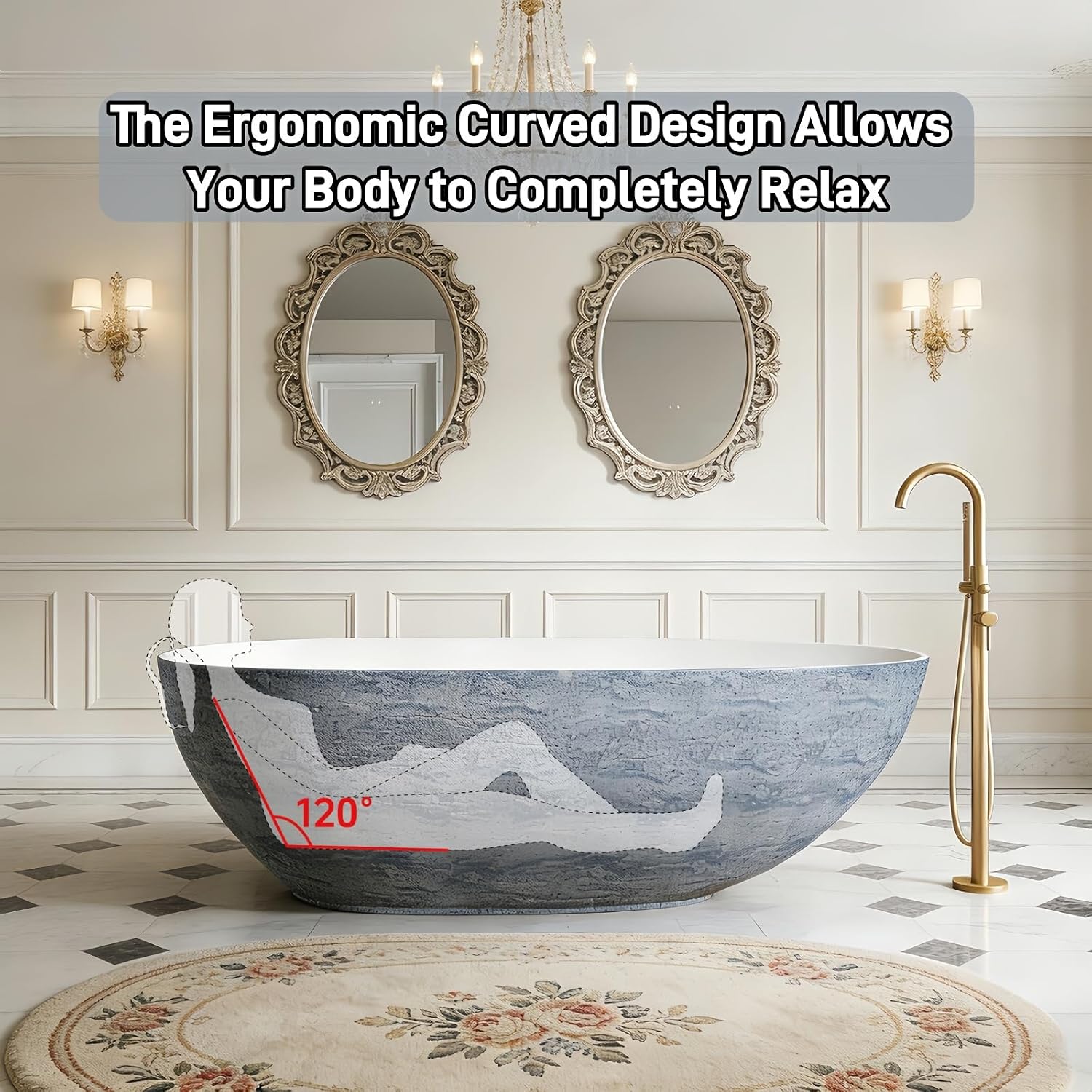 59' Edeyeu Freestanding Bathtub - Solid Surface Soaking Tub, Luxury Free Standing Tub with Deep Soaking Experience, Designer Acrylic Bathtubs for Spa & Home Bathroom, Blue