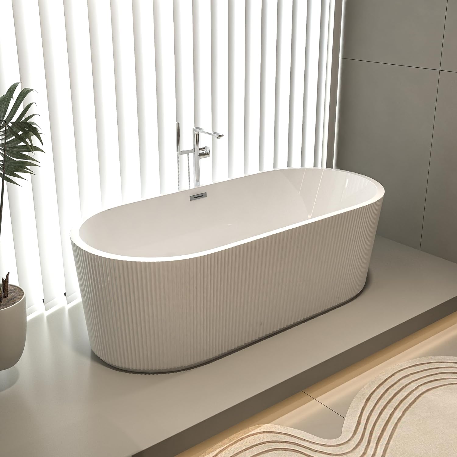 59' Acrylic Freestanding Bathtub-Acrylic Soaking Tubs, Fluted Style-Gloss White Freestanding Bathtub with Chrome Overflow and Pop Up Drain