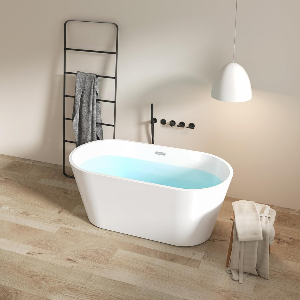 59' Acrylic Freestanding Bathtub, Modern & Contemporary Design Soaking Tub with Toe-tap Drain in Chrome and Classic Slotted Overflow, Glossy White, cUPC Certified, 02136