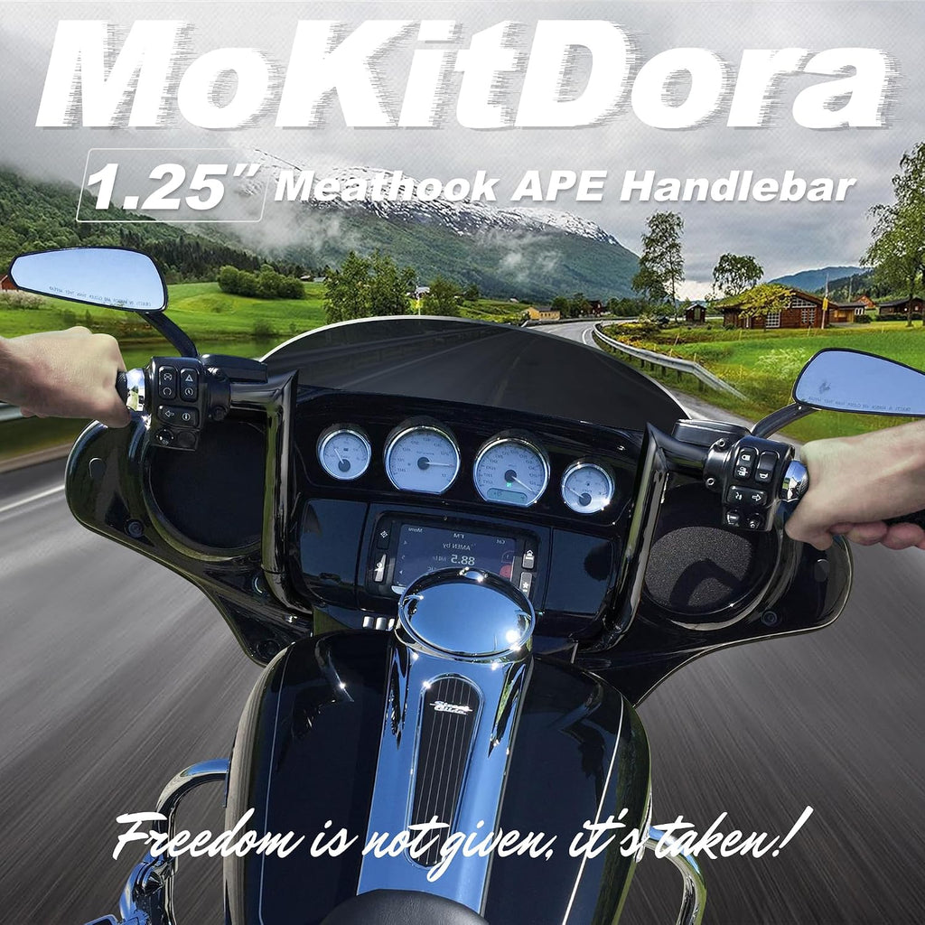MoKitDora Street Electra Glide Ape Hanger 8' Rise 1-1/4' Fat 1' Clamp Monkey Bagger Meathook Bars for 1986-2023 Harley FLHT & FLHX Ultra Limited Tri-Glide, Black