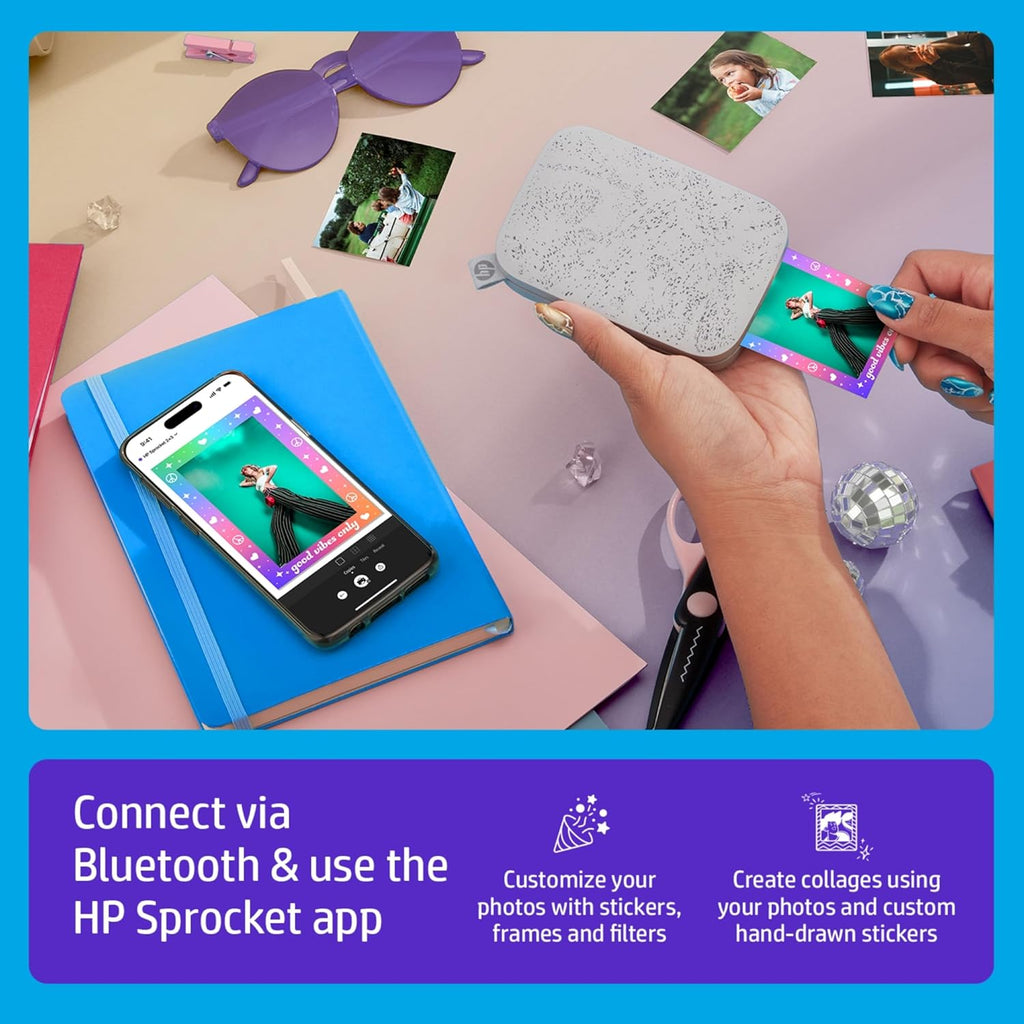 HP Sprocket 2x3 Instant Smartphone Photo Printer 75 Sheets Bundle - Bluetooth Portable Color Wireless Mobile Printer (Luna Pearl) Zink Sticky-Back Photos