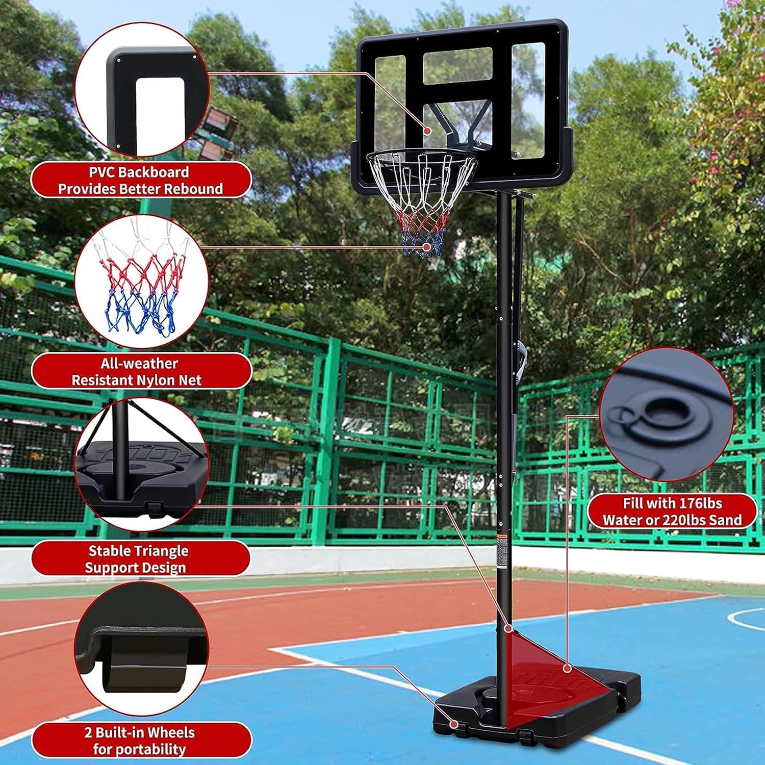 Basketball Hoop Outdoor 7.5-10ft Adjustable, Basketball Hoop Indoor with 44 Inch Backboard Basketball net and Wheels, Portable Basketball Hoop Goal System in Backyard/Driveway/Indoor