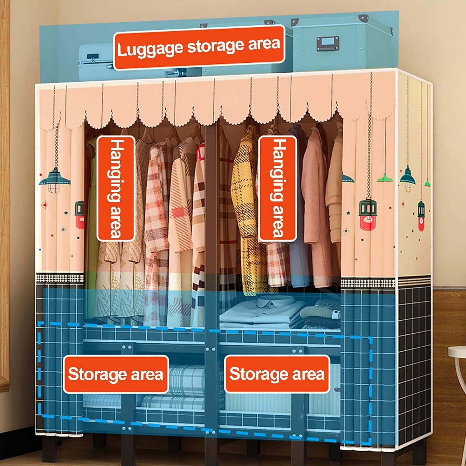 Heavy Duty Portable Wardrobe Closet for Hanging Clothing with Cover, Clothes Rack with Gauze Curtain, Covered Clothing Coat Storage Organizer(D,215cm/84.6inch)