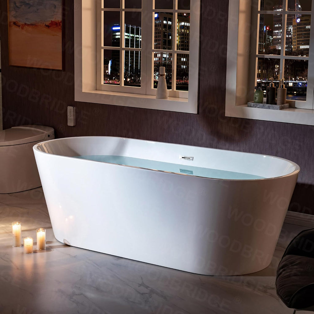 WOODBRIDGE 71' Acrylic Freestanding Bathtub Contemporary Soaking White Tub with Chrome Overflow and Drain,B1701-C