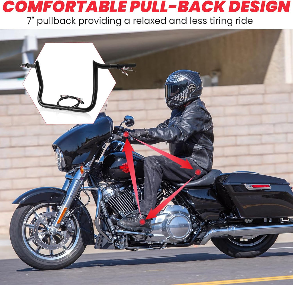 12' pre-wired meathook bar Ape Hanger Handlebar 1 ¼' Compatible With Harley Davidson Bagger Electra Glide Street Glide Ultra Limited 2016-2023, Miter Cut Heated Option Handlebar, Gloss Black